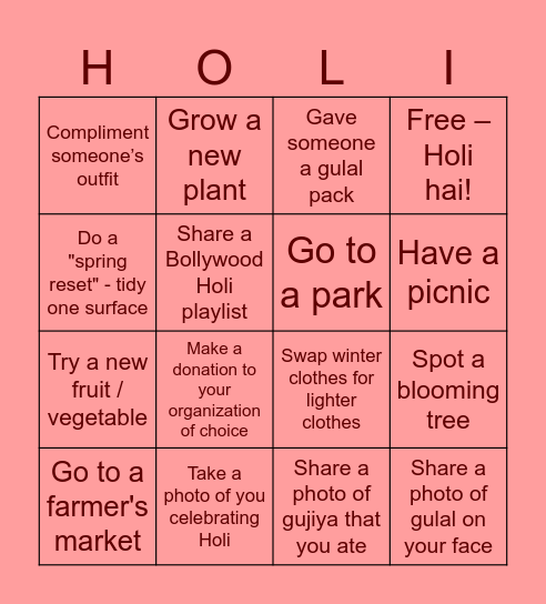 Holi Bingo Card
