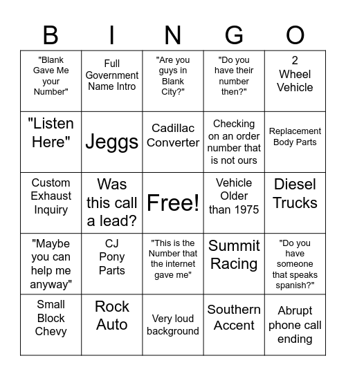 Spam Call Bingo Card