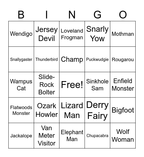 Cryptid Bingo Card