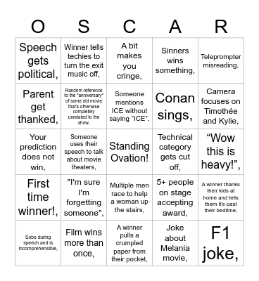 Oscars 2026 Bingo Card