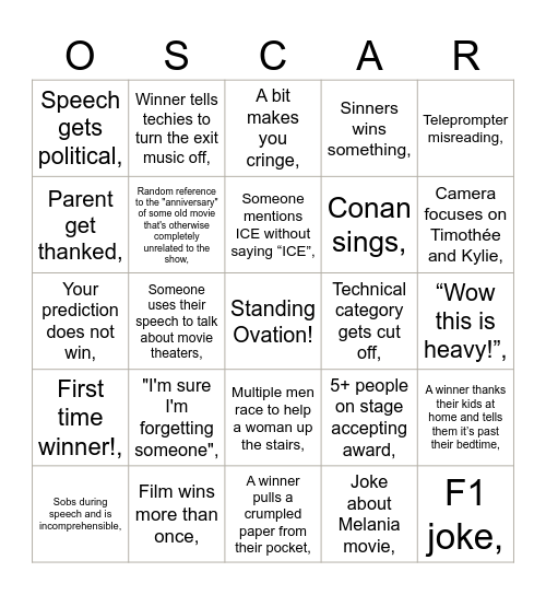 Oscars 2026 Bingo Card