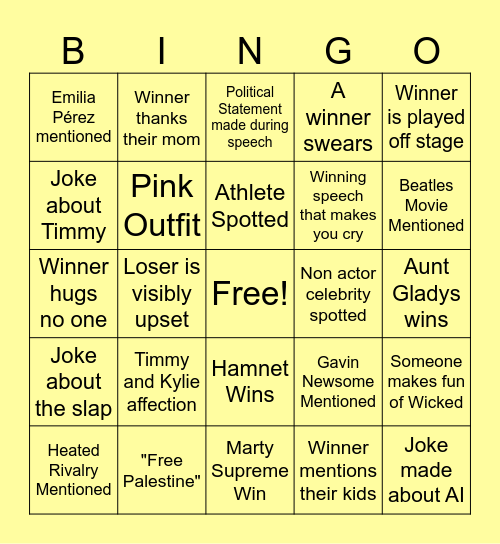 Oscars Bingo Card