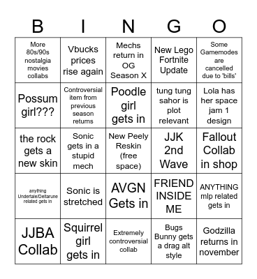 DK Fortnite Bingo S2+ Bingo Card