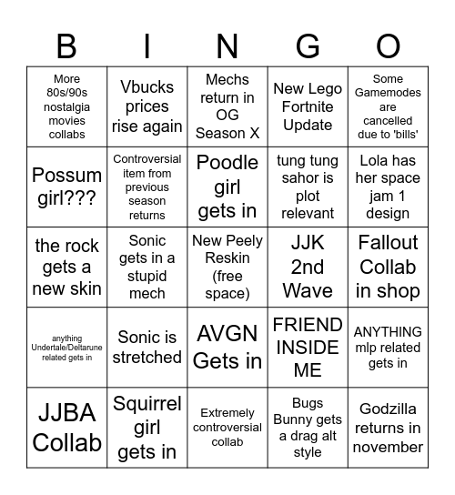 DK Fortnite Bingo S2+ Bingo Card