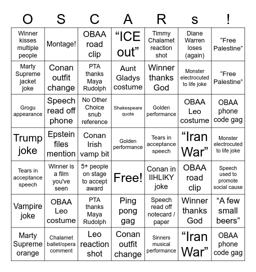 OSCARS 2026 Bingo Card