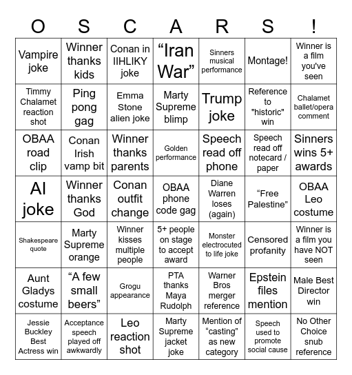 2026 Academy Awards Bingo Card