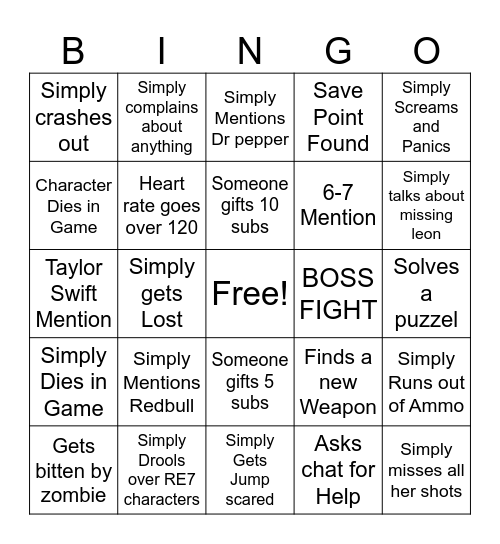 Resident Evil 7 Bingo Card
