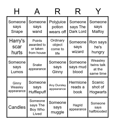 Harry Potter and the Sorcerer's Stone Bingo Card