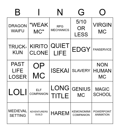 Trashy Isekai Bingo Card