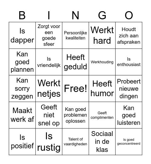Kwaliteiten Bingo P1B Bingo Card