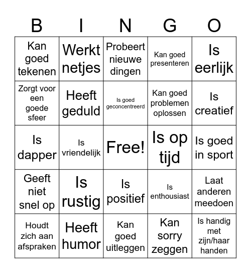 Kwaliteiten Bingo P1B Bingo Card