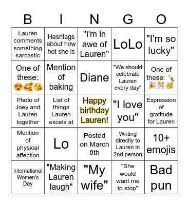 Lauren's Birthday Bingo Card