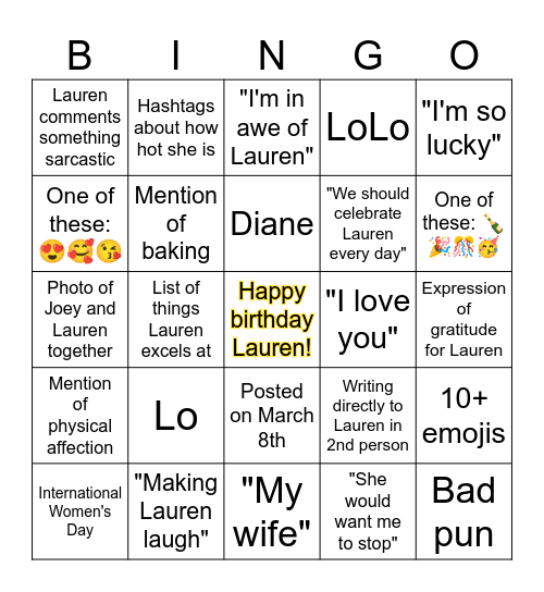 Lauren's Birthday Bingo Card