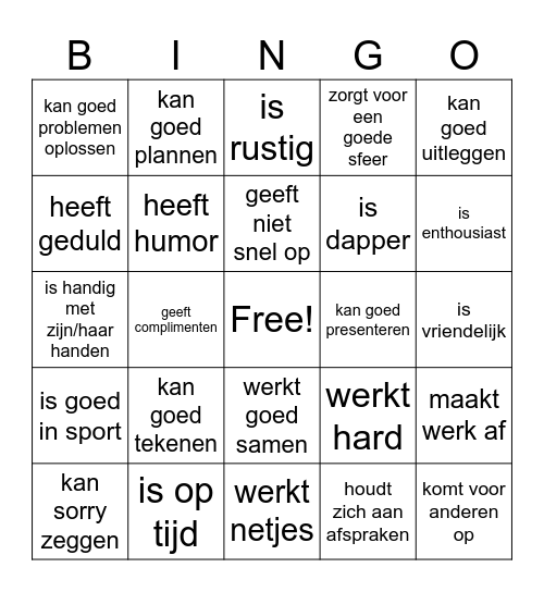 Kwaliteiten Bingo P1B Bingo Card