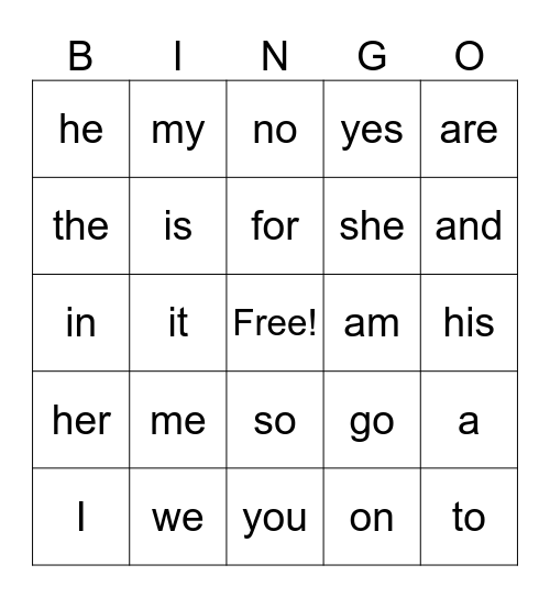 Sight Words Bingo Card