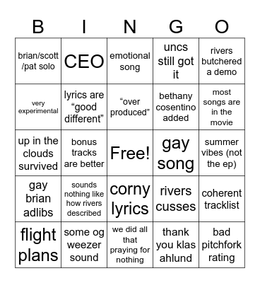 album 20 Bingo Card