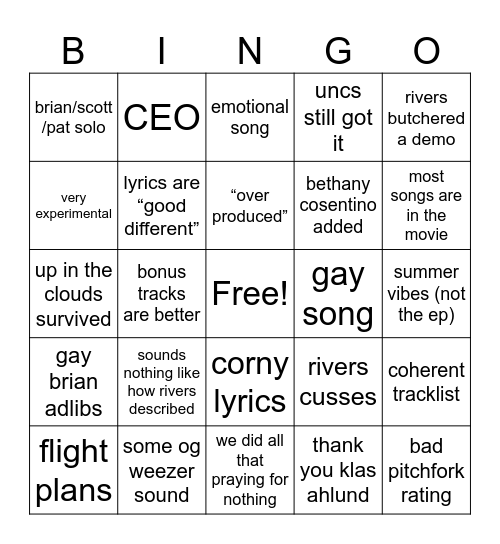 album 20 Bingo Card