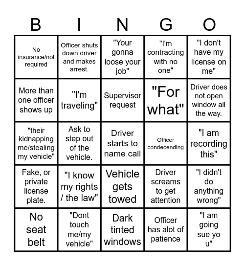 Dash Cam Bingo Card