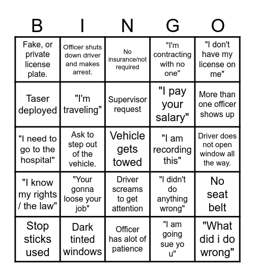 Dash Cam Bingo Card
