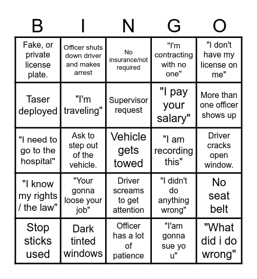 Dash Cam Bingo Card