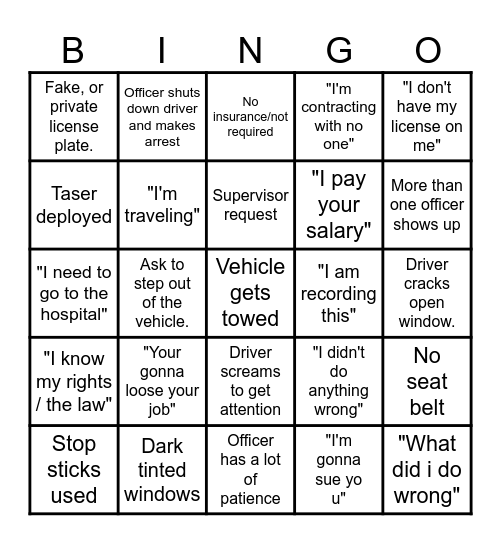 Dash Cam Bingo Card