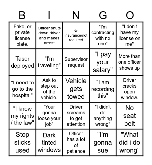 Dash Cam Bingo Card