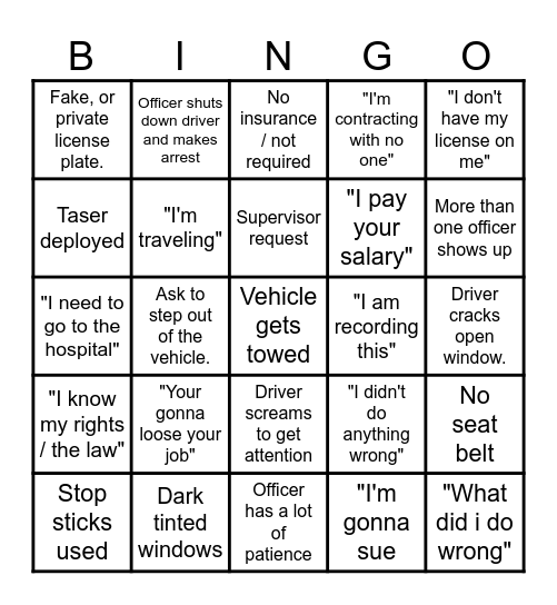 Dash Cam Bingo Card