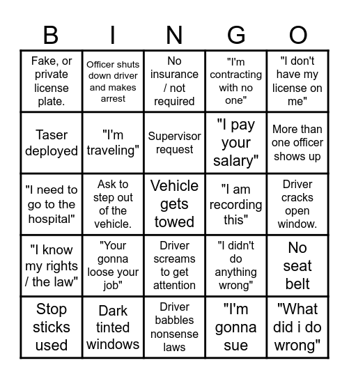 Dash Cam Bingo Card