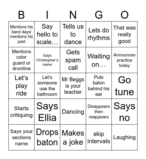 Mr. Beggs Bingo Card