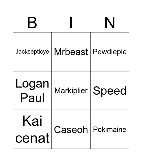 Youtuber Bingo Card