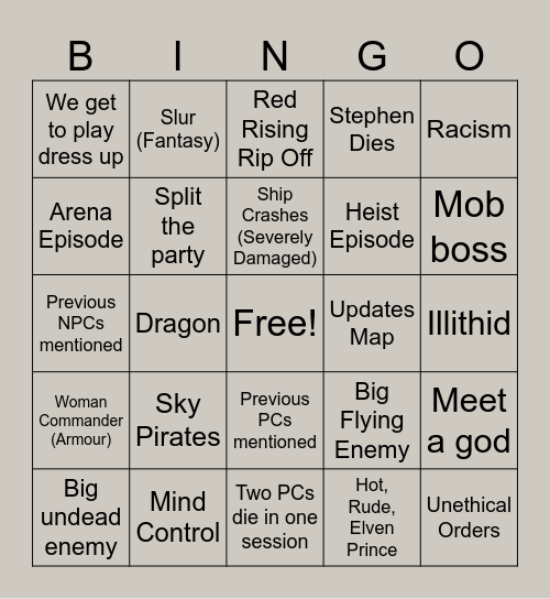 Skies of Cinder Bingo Card