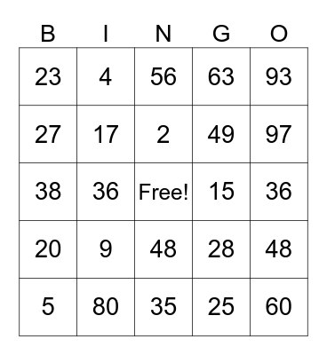number bingo Card