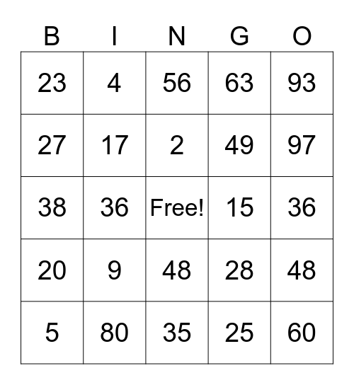 number bingo Card
