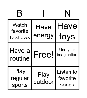 Childhood Bingo Card