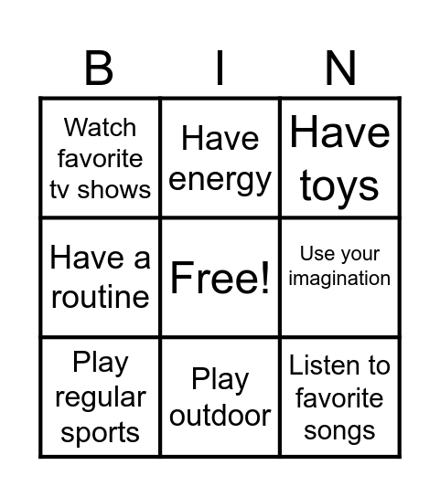 Childhood Bingo Card