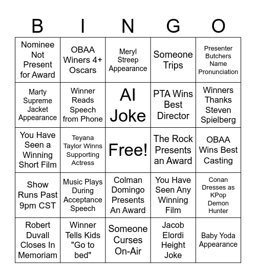 2026 Oscars Bingo Card