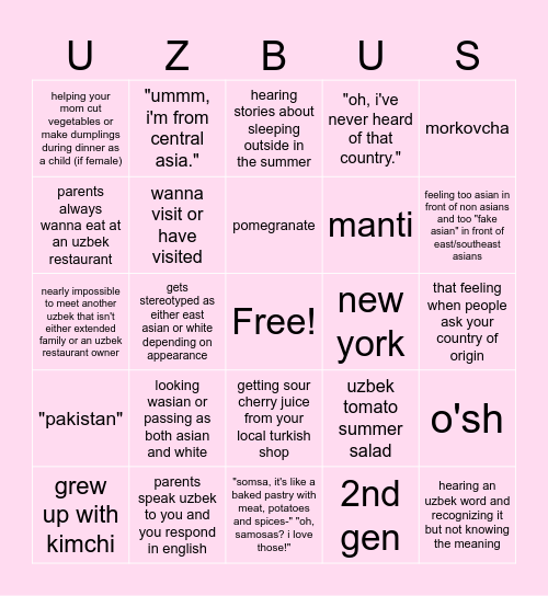Uzbek American Bingo Card