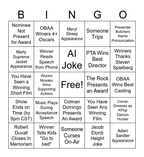 2026 Oscars Bingo Card