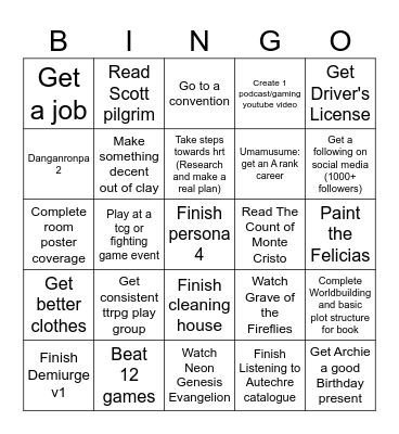 Year Goals Bingo Card
