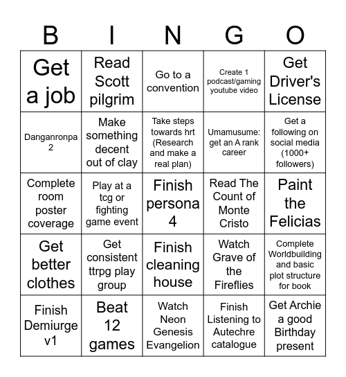 Year Goals Bingo Card