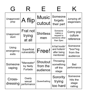 Greek Life Event Bingo Card