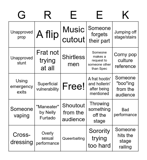 Greek Life Event Bingo Card