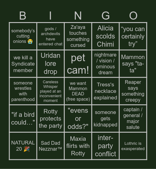 Hellraizers Session 121 Bingo Card