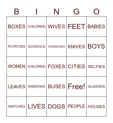 Plural Nouns Bingo Card