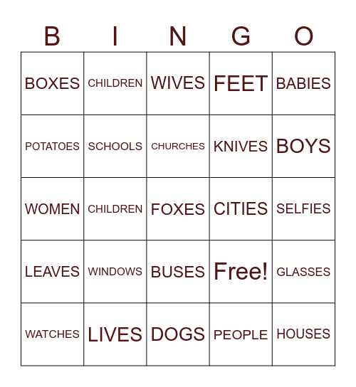 Plural Nouns Bingo Card