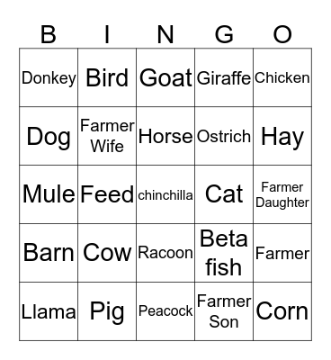 Farm Animals and Farmer  Bingo Card
