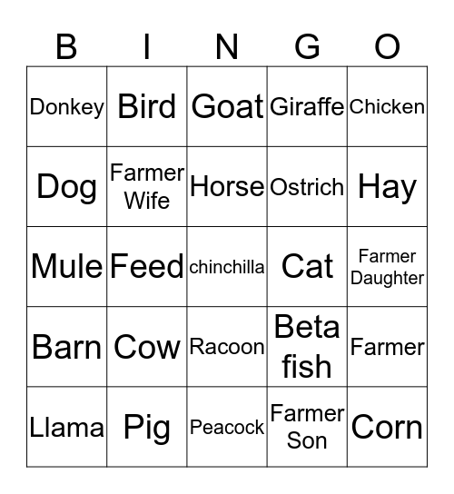 Farm Animals and Farmer  Bingo Card