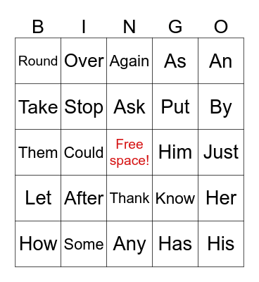Sight Words! Bingo Card