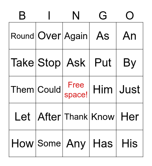 Sight Words! Bingo Card