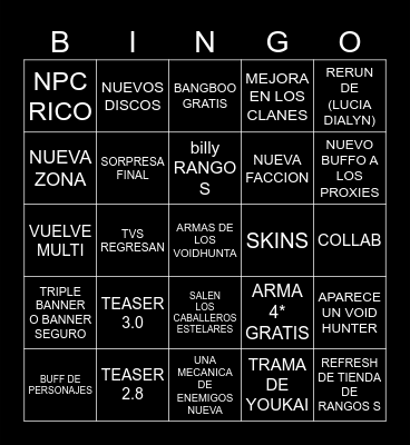 LIVESTREAM 2.7 Bingo Card